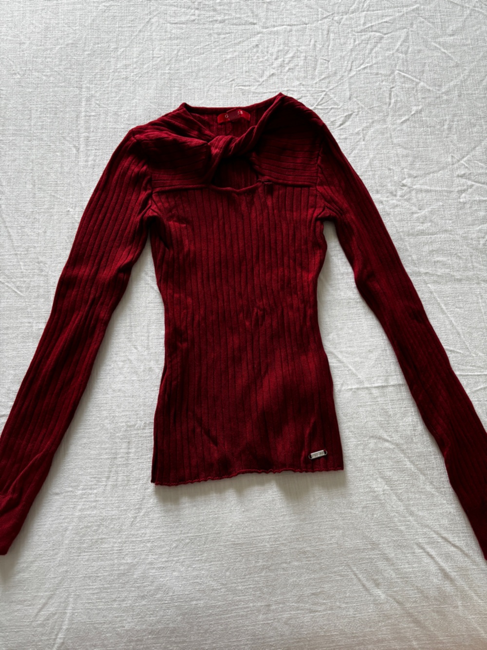 GUESS Ribbed Knit Top in Deep Red with Metal Logo